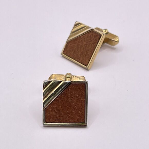 Vintage Swank Gold Tone Leather Cufflinks MCM Classic Modern 1" Inch Square - Picture 6 of 7